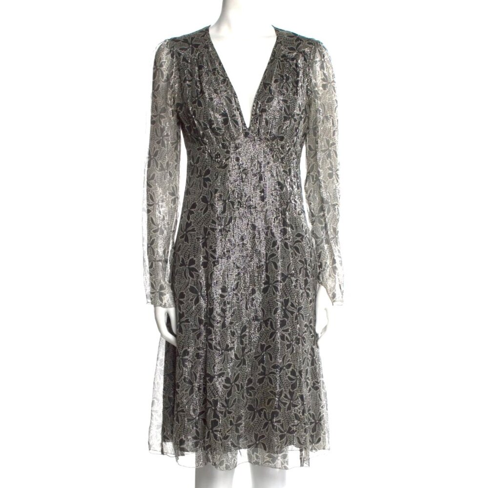 ANNA SUI Silver Floral Metallic V Neck Dress Fall 2004 Gray Black M